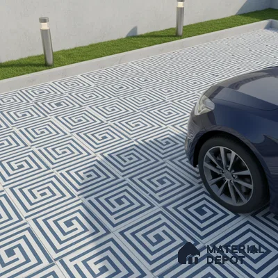 Modern parking with blue and white geometric patterned floor tiles