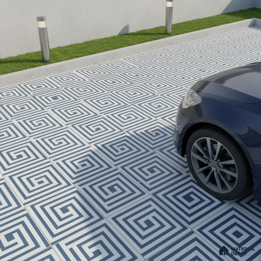 Modern parking with blue and white geometric patterned floor tiles