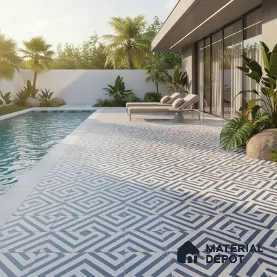 Modern outdoor poolside with geometric patterned floor tiles and minimalist landscaping