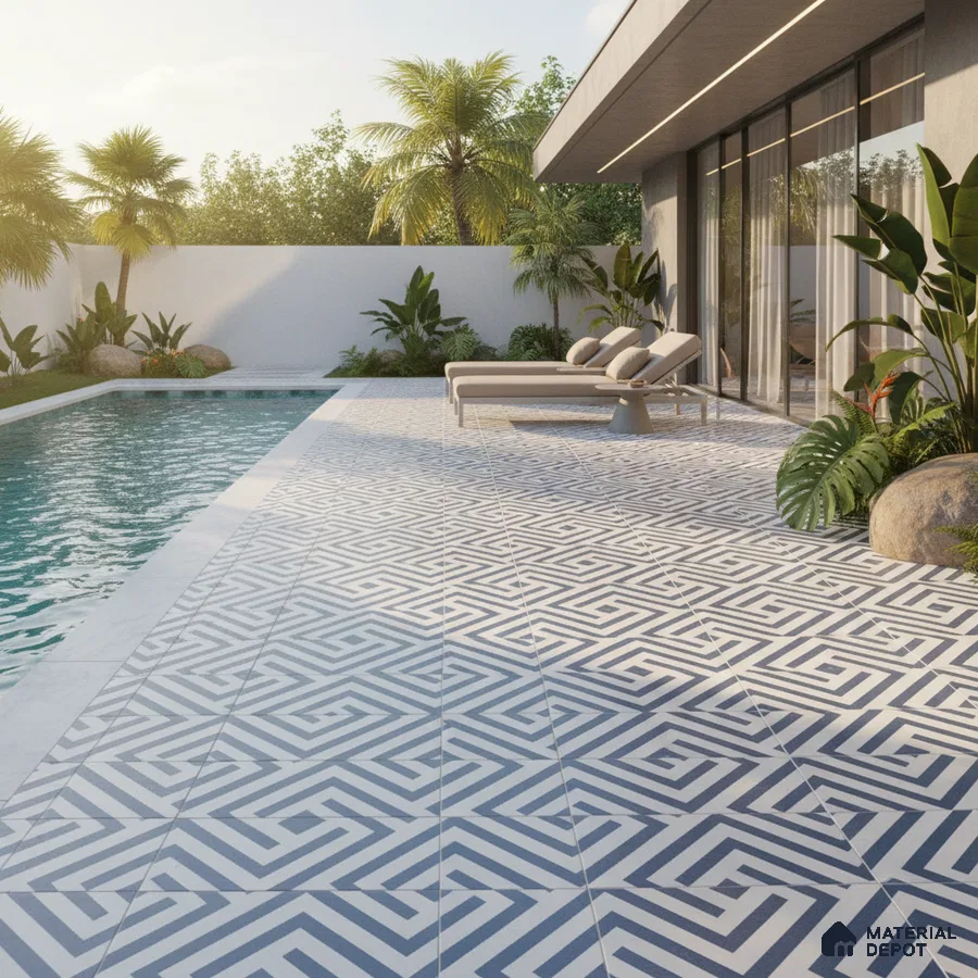 Modern outdoor poolside with geometric patterned floor tiles and minimalist landscaping