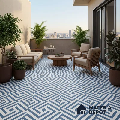 Modern balcony with blue and white geometric patterned floor tiles and wooden outdoor furniture