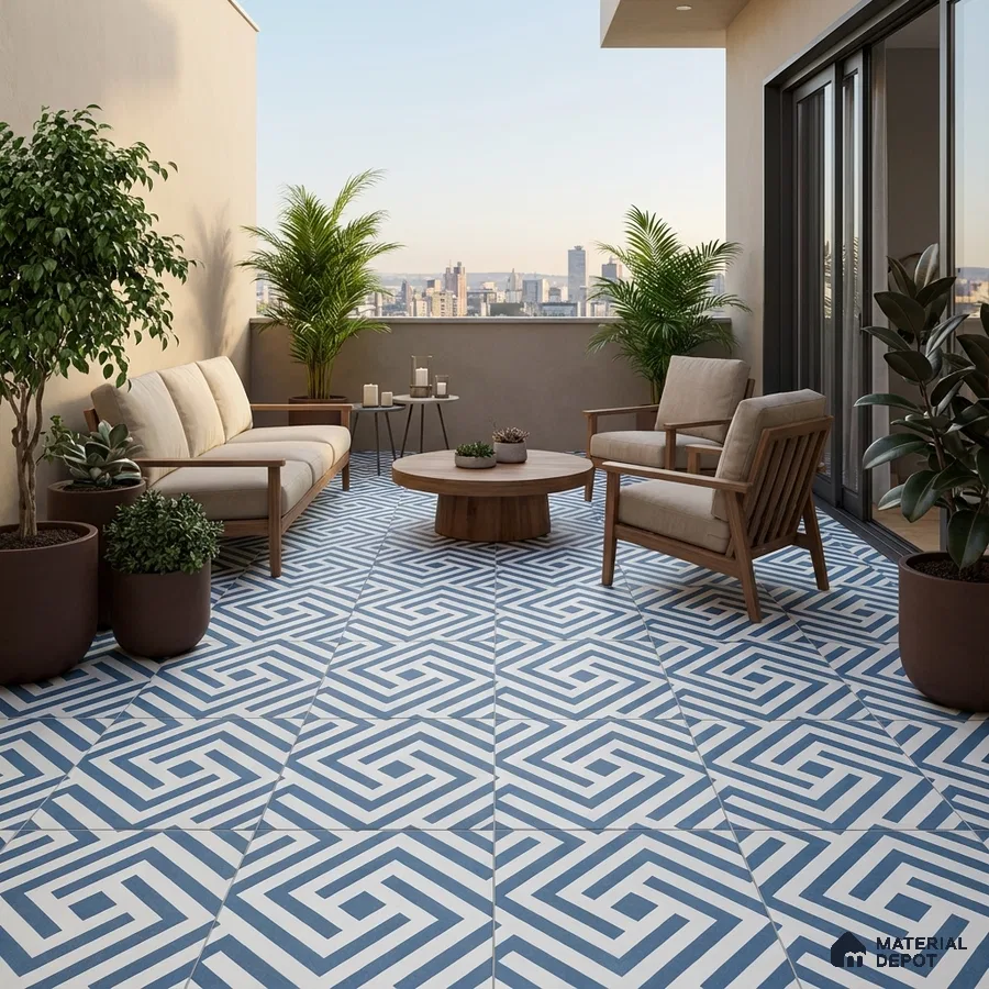Modern balcony with blue and white geometric patterned floor tiles and wooden outdoor furniture