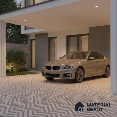 Modern parking with geometric patterned floor tiles and grey stone wall cladding
