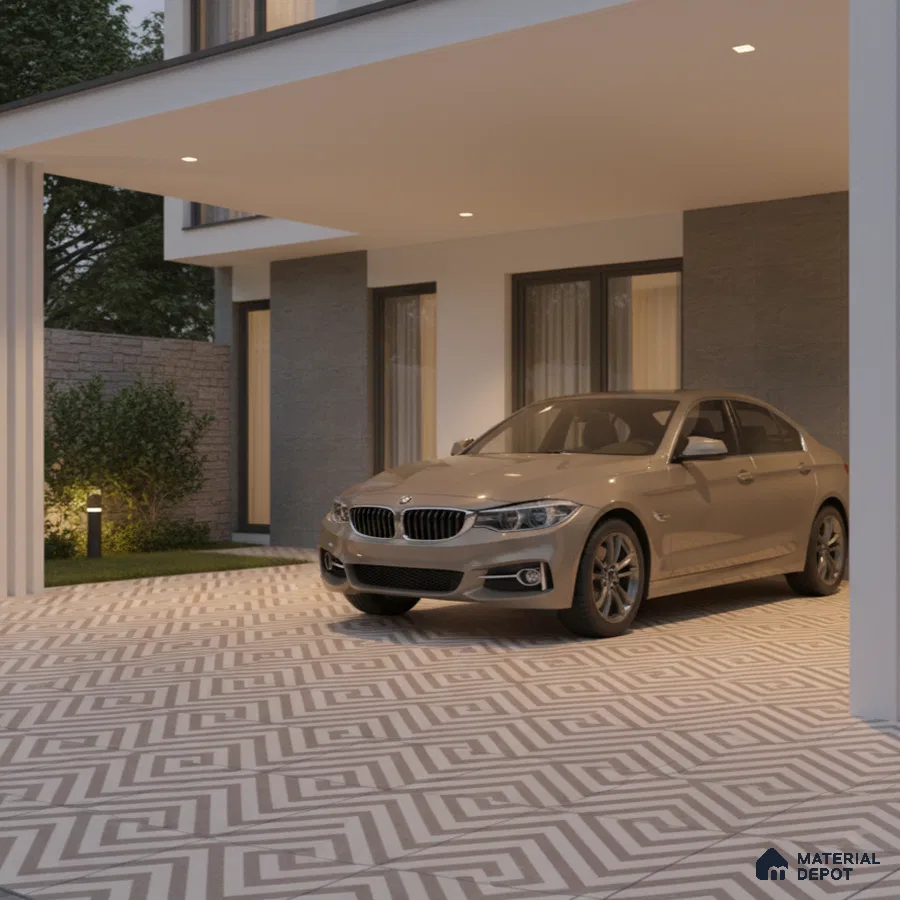 Modern parking with geometric patterned floor tiles and grey stone wall cladding