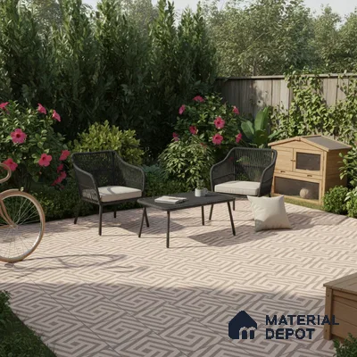 Modern outdoor patio with geometric patterned floor tiles and black rope lounge chairs