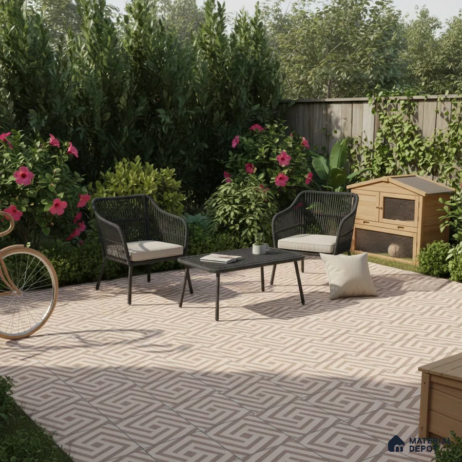 Modern outdoor patio with geometric patterned floor tiles and black rope lounge chairs