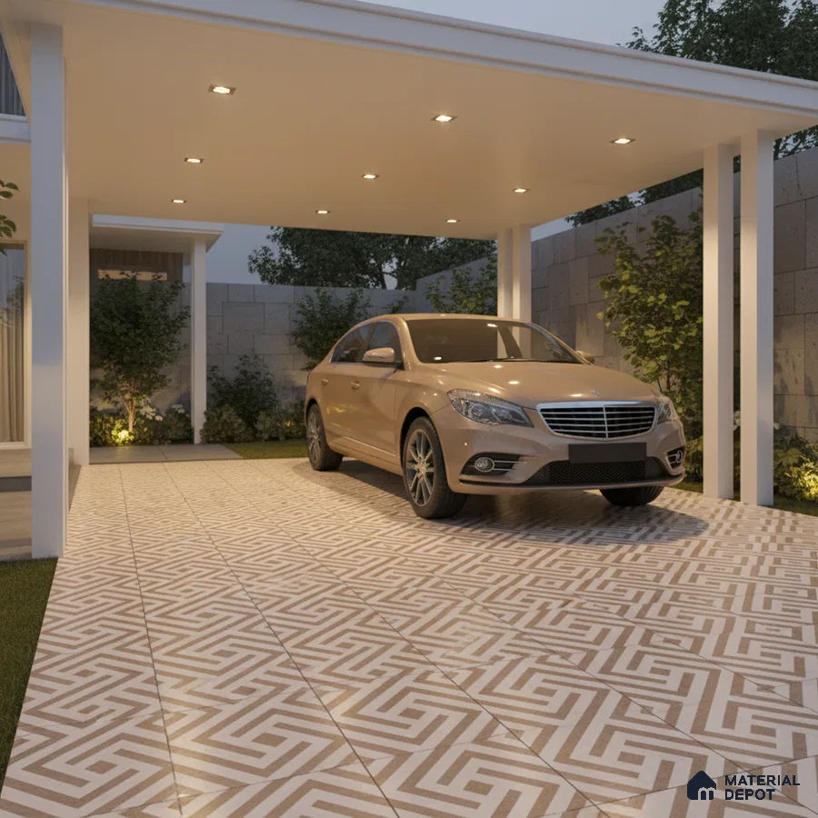 Modern parking with beige and white geometric patterned floor tiles
