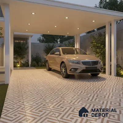 Modern parking with beige and white geometric patterned floor tiles