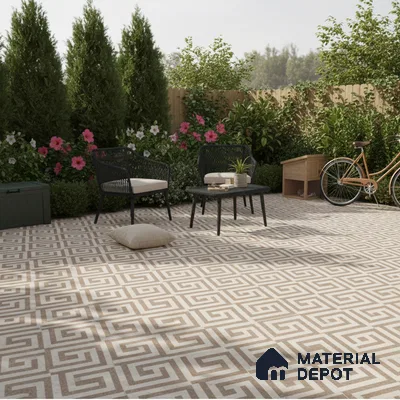 Modern outdoor patio with beige and white geometric patterned floor tiles