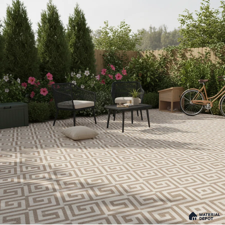 Modern outdoor patio with beige and white geometric patterned floor tiles
