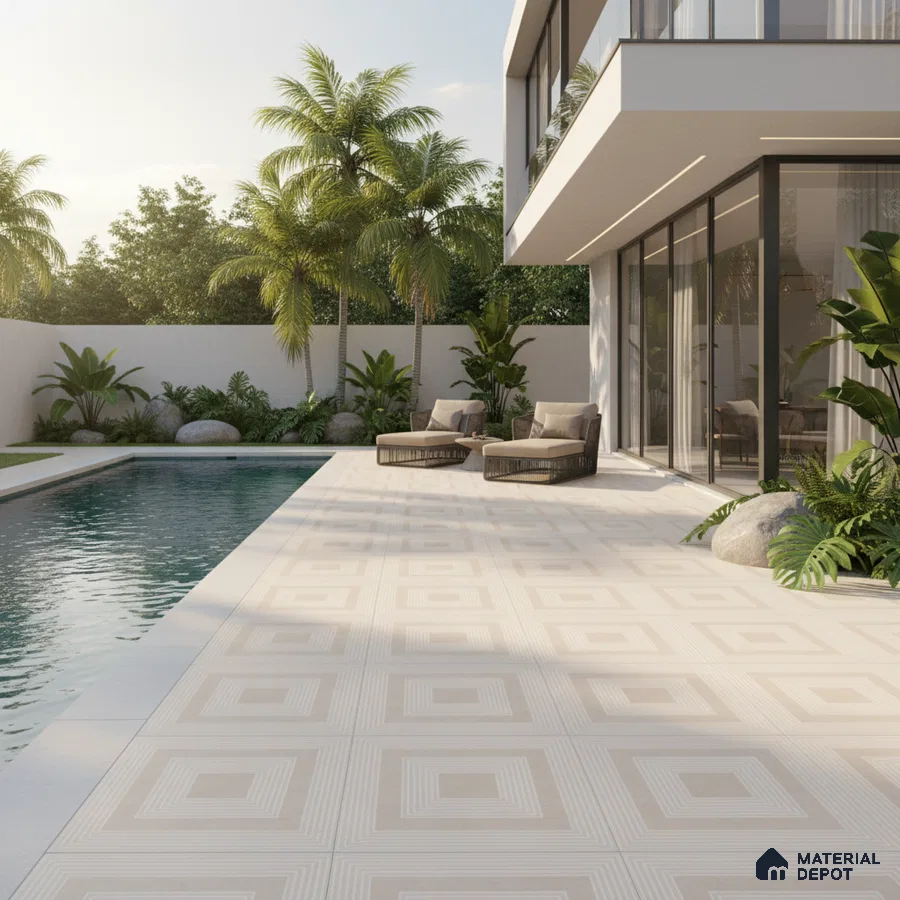 Modern outdoor poolside with geometric beige floor tiles and tropical landscaping