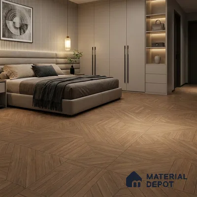 Modern Bedroom with Warm Brown Wood-Look Parquet Floor Tile