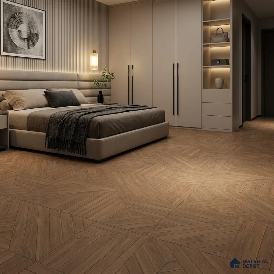 Modern Bedroom with Warm Brown Wood-Look Parquet Floor Tile