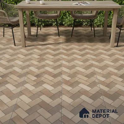 Modern outdoor dining with herringbone patterned beige and brown floor tiles