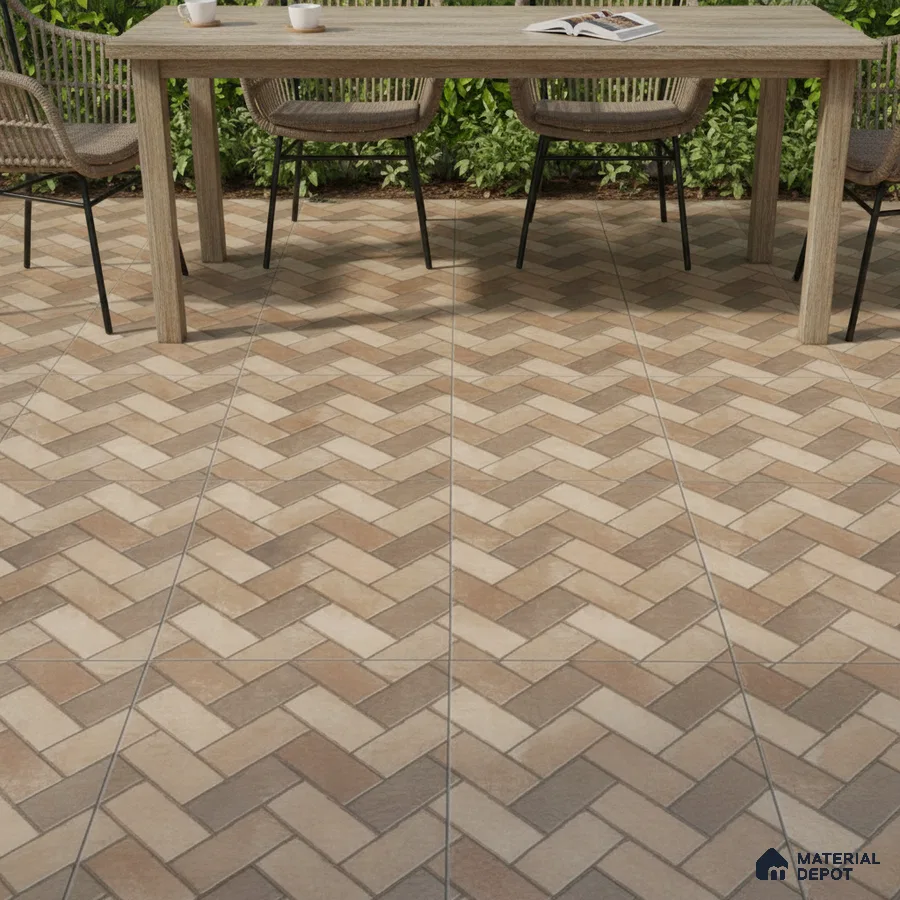 Modern outdoor dining with herringbone patterned beige and brown floor tiles