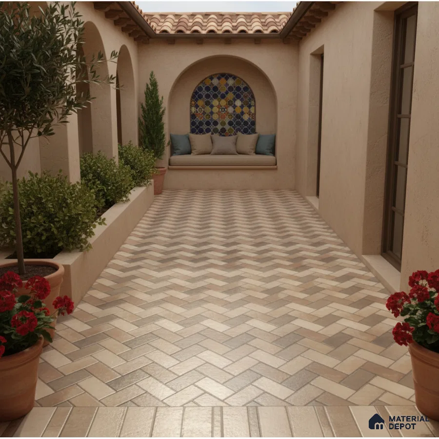 Mediterranean outdoor courtyard with herringbone terracotta floor tiles and mosaic accent wall