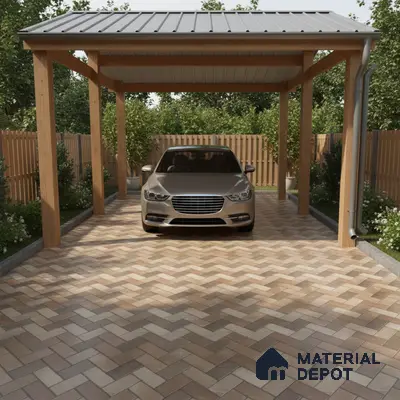 Modern parking with herringbone beige and tan outdoor floor tiles and wooden carport structure