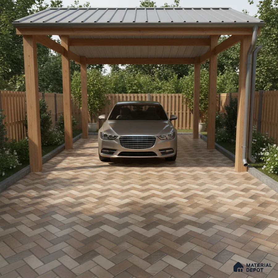 Modern parking with herringbone beige and tan outdoor floor tiles and wooden carport structure