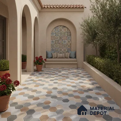 Mediterranean outdoor space with hexagonal floor tiles and patterned mosaic wall tiles