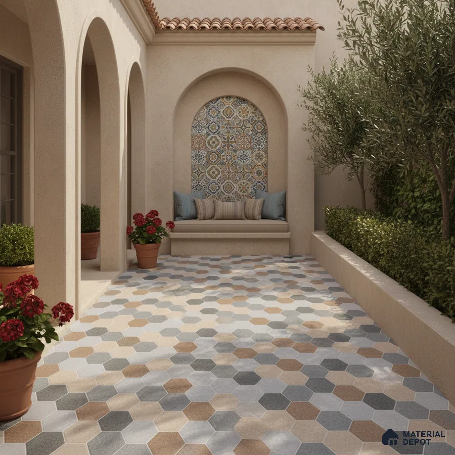 Mediterranean outdoor space with hexagonal floor tiles and patterned mosaic wall tiles