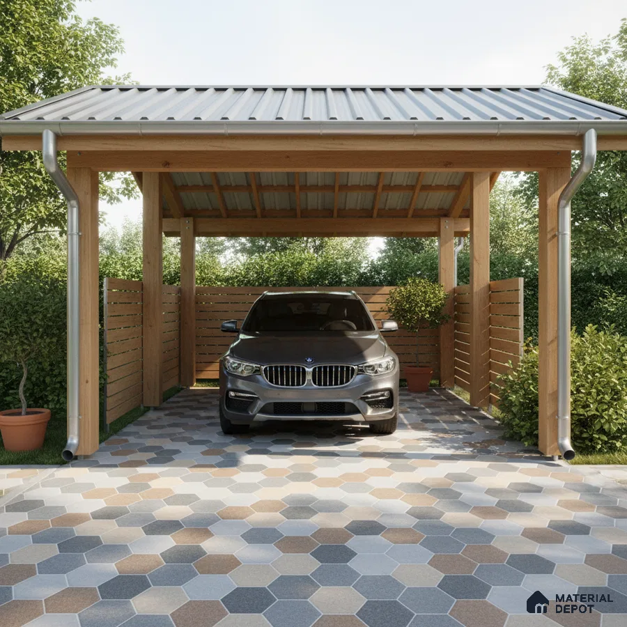 Modern parking with hexagonal multicolor outdoor tiles and wooden slat fencing