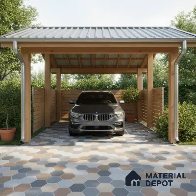 Modern parking with hexagonal multicolor outdoor tiles and wooden slat fencing