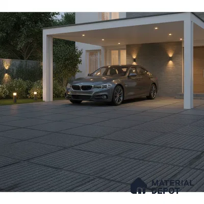 Modern parking with grey textured outdoor floor tiles and stone cladding accent wall