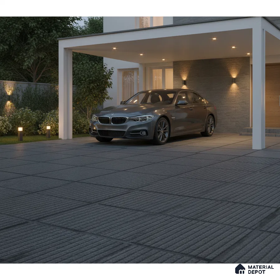 Modern parking with grey textured outdoor floor tiles and stone cladding accent wall