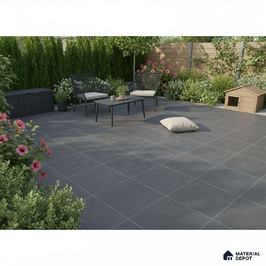 Modern outdoor patio with charcoal grey stone-look floor tiles and minimalist garden furniture