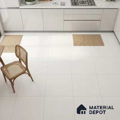 Minimalist kitchen with glossy white laminate cabinets and white marble countertop