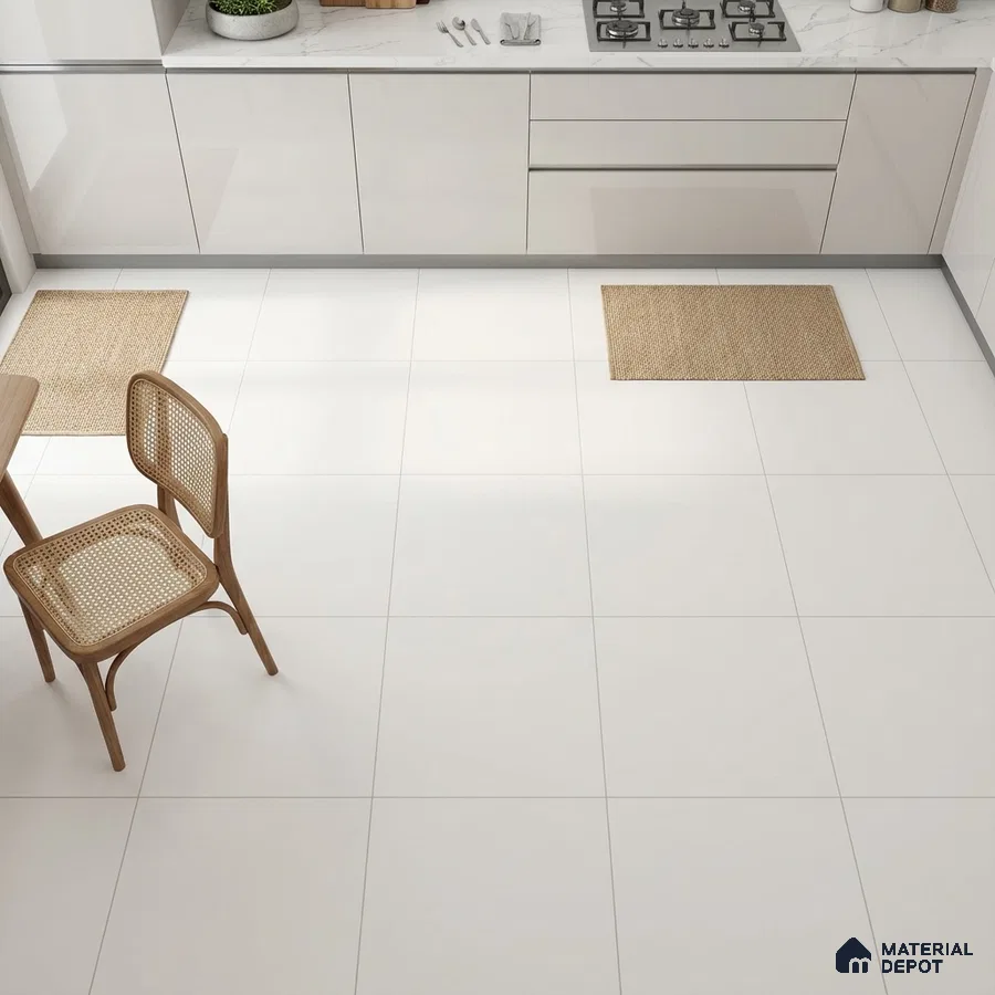Minimalist kitchen with glossy white laminate cabinets and white marble countertop