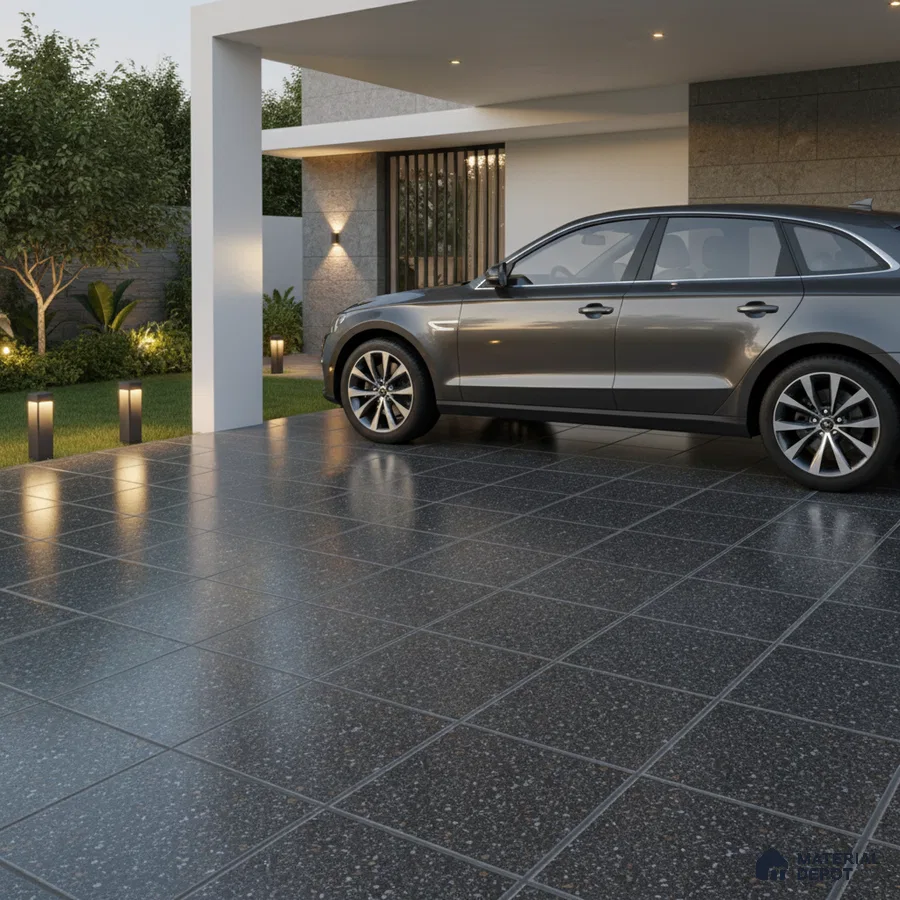 Modern parking with dark grey terrazzo floor tiles and stone cladding accent wall