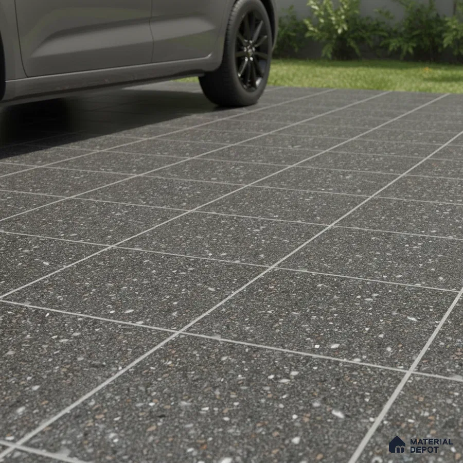 Modern parking area with dark grey terrazzo floor tiles