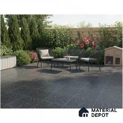 Modern outdoor seating with black terrazzo floor tiles and minimalist garden furniture