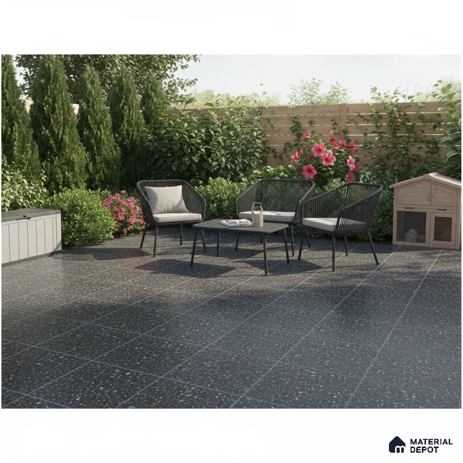 Modern outdoor seating with black terrazzo floor tiles and minimalist garden furniture