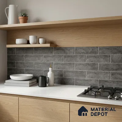 Scandinavian Kitchen with Charcoal Grey Subway Tile Backsplash