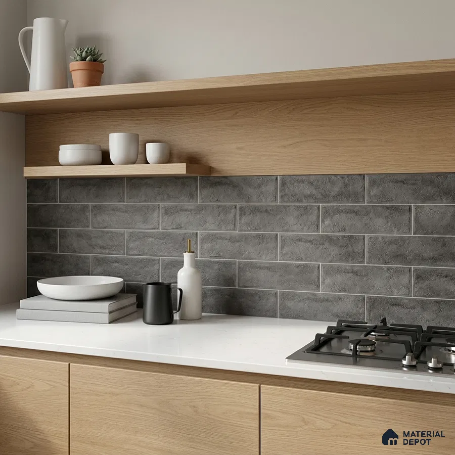 Scandinavian Kitchen with Charcoal Grey Subway Tile Backsplash