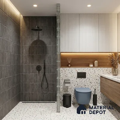 Modern Bathroom with Charcoal Grey Cement-Look Shower Tile and Terrazzo