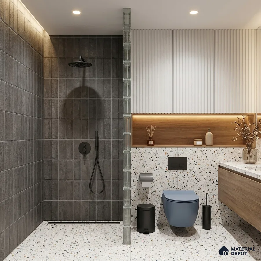 Modern Bathroom with Charcoal Grey Cement-Look Shower Tile and Terrazzo