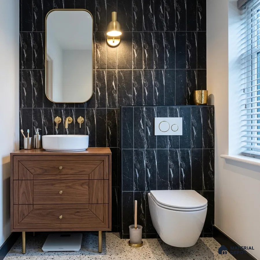 Modern Bathroom with Black Marble-Look Tile and Brass Fixtures