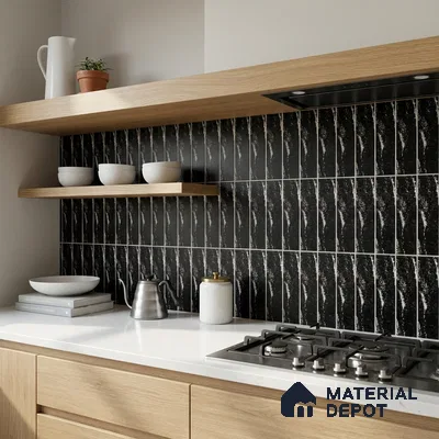 Modern Kitchen with Black Textured Subway Tile Backsplash