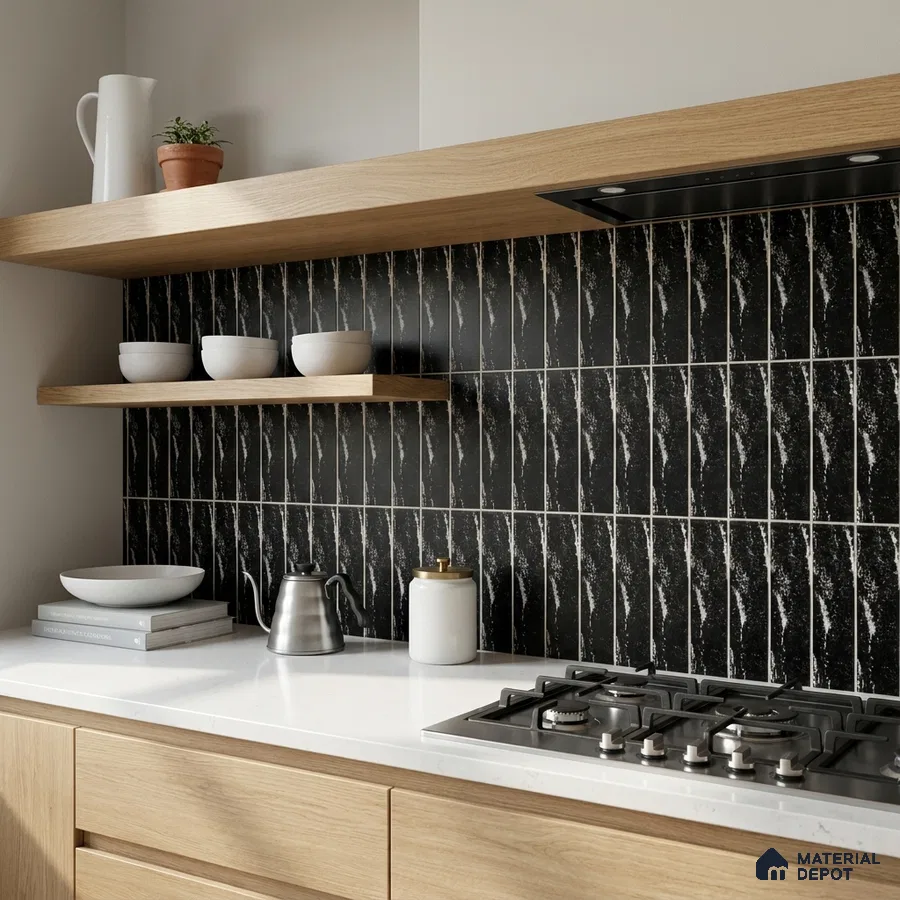 Modern Kitchen with Black Textured Subway Tile Backsplash
