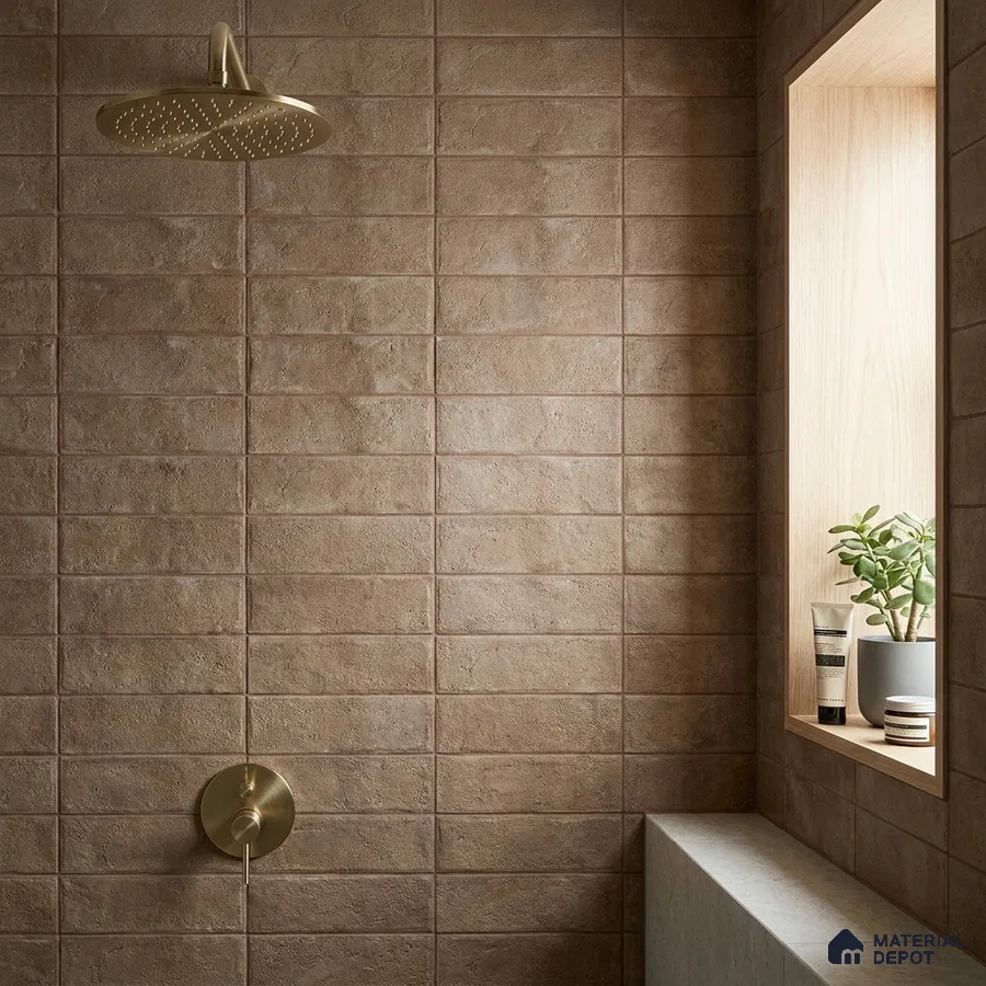 Modern Bathroom with Brown Rustic Subway Shower Tile