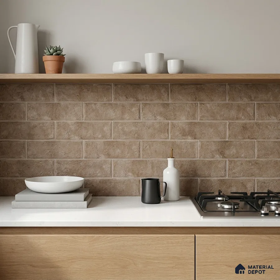 Modern Kitchen with Brown Rustic Subway Tile Backsplash