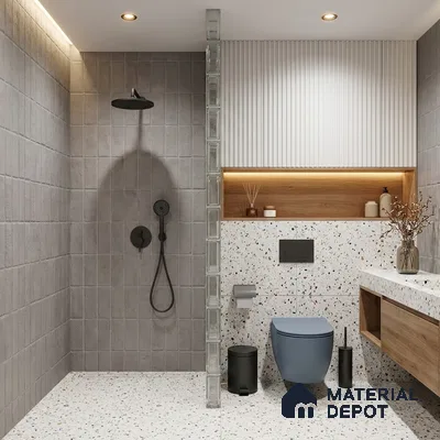 Modern Bathroom with Grey Subway Shower Tile and Terrazzo Floor