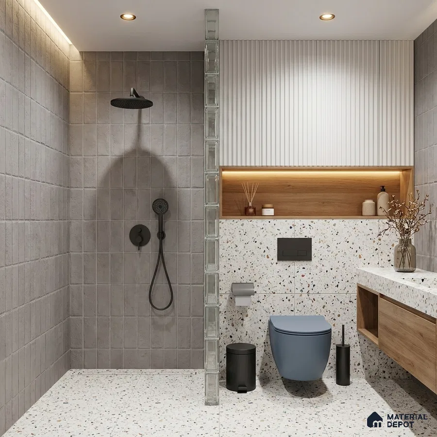Modern Bathroom with Grey Subway Shower Tile and Terrazzo Floor