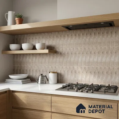 Modern Kitchen with Beige Vertical Stacked Subway Tile Backsplash