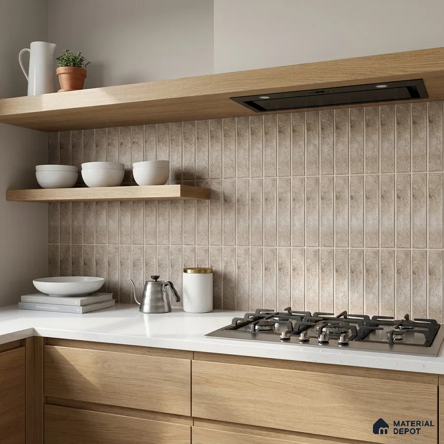 Modern Kitchen with Beige Vertical Stacked Subway Tile Backsplash