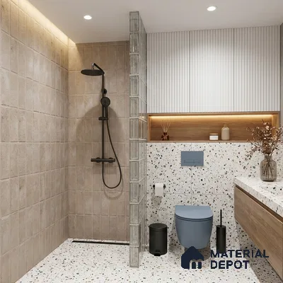 Modern Bathroom with Beige Subway Shower Tile and Terrazzo Floor