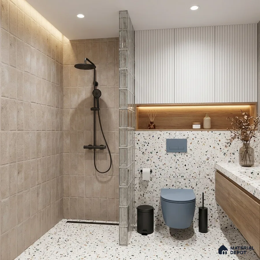 Modern Bathroom with Beige Subway Shower Tile and Terrazzo Floor